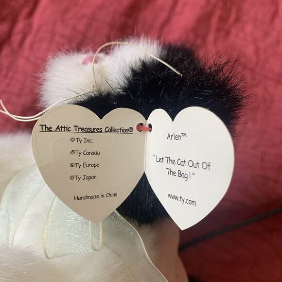 Ty Attic Treasures Arlen Black & White Cat Plush 10" Jointed Green Bow 1993 - Picture 10 of 10